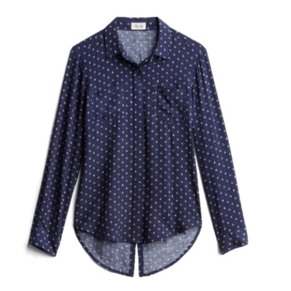 PER SE Shirt Long Sleeve High-Low Split Back Navy Blue Anchor Print Wome…